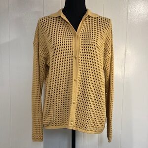 Madewell Open Knit Cotton Cardigan | Button Front Polo Collar | Tan | Size S